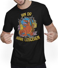 Produktbild von T-Shirt mit Mann Bin da kann losgehen Dino Bier Partyspruch Tyrannosaurus