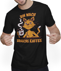 Produktbild von T-Shirt mit Mann Bin wach brauche Kaffee Mieze Espresso Katzen Sprüche
