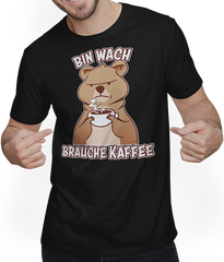 Produktbild von T-Shirt mit Mann Bin wach brauche Kaffee Morgenmuffel Espresso Quokka Sprüche