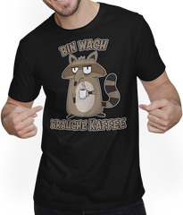 Produktbild von T-Shirt mit Mann Bin wach brauche Kaffee Sprüche Espresso Waschbär Sprüche