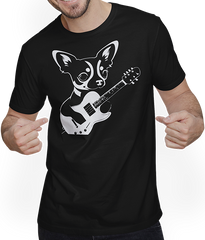 Produktbild von T-Shirt mit Mann Chihuahua mit E-Gitarre Musiker Lustiger Gitarrist