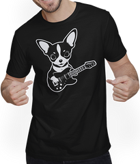 Produktbild von T-Shirt mit Mann Chihuahua mit E-Gitarre Musiker Lustiger Gitarrist
