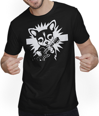Produktbild von T-Shirt mit Mann Chihuahua mit E-Gitarre Musiker Lustiger Gitarrist