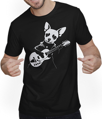 Produktbild von T-Shirt mit Mann Chihuahua mit E-Gitarre Musiker Lustiger Gitarrist