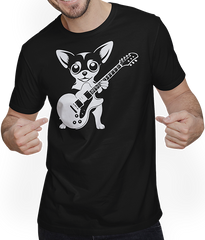 Produktbild von T-Shirt mit Mann Chihuahua mit E-Gitarre Musiker Lustiger Gitarrist