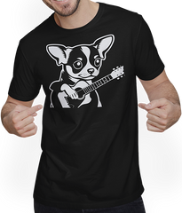 Produktbild von T-Shirt mit Mann Chihuahua mit E-Gitarre Musiker Lustiger Gitarrist