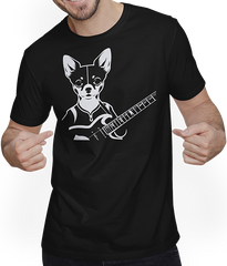 Produktbild von T-Shirt mit Mann Chihuahua mit E-Gitarre Musiker Lustiger Gitarrist