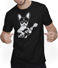 Produktbild von T-Shirt mit Mann Chihuahua mit E-Gitarre Musiker Lustiger Gitarrist