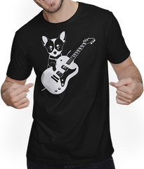 Produktbild von T-Shirt mit Mann Chihuahua mit E-Gitarre Musiker Lustiger Gitarrist