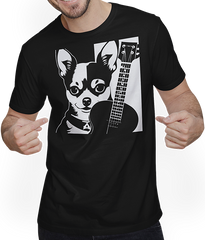 Produktbild von T-Shirt mit Mann Chihuahua mit E-Gitarre Musiker Lustiger Gitarrist