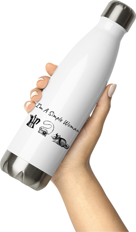 Produktbild von Thermosflasche von Hand gehalten Chinchilla Spruch: I'm A Simple Woman | Kamera Espressokanne