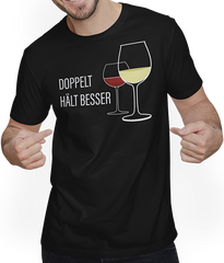 Produktbild von T-Shirt mit Mann Doppelt hält besser Rotwein Weißwein Spruch Wein Sprüche