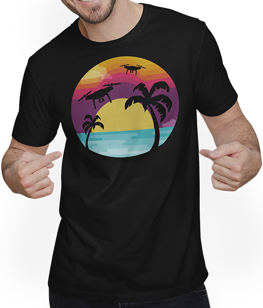 Produktbild von T-Shirt mit Mann Drohnen Piloten T-Shirt | Quadrocopter Sonnenuntergang