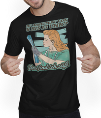 Produktbild von T-Shirt mit Mann Du arbeitest von 6 bis 15 Uhr Find ich süß Krankenschwester