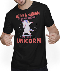Produktbild von T-Shirt mit Mann Ein Mensch zu sein ist zu kompliziert Einhorn Kinder &
