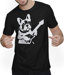 Produktbild von T-Shirt mit Mann Französische Bulldogge mit E-Gitarre Musiker Gitarrist