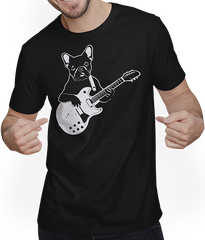 Produktbild von T-Shirt mit Mann Französische Bulldogge mit E-Gitarre Musiker Gitarrist