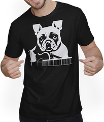 Produktbild von T-Shirt mit Mann Französische Bulldogge mit E-Gitarre Musiker Gitarrist