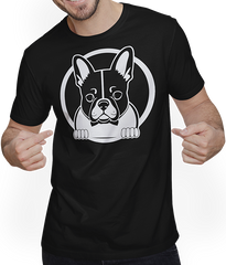 Produktbild von T-Shirt mit Mann Französische Bulldogge mit E-Gitarre Musiker Gitarrist