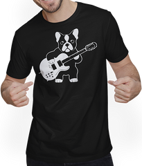 Produktbild von T-Shirt mit Mann Französischer Hund mit E-Gitarre Musiker Gitarrist