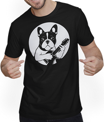 Produktbild von T-Shirt mit Mann Französischer Hund mit E-Gitarre Musiker Gitarrist