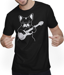 Produktbild von T-Shirt mit Mann Französischer Hund mit E-Gitarre Musiker Gitarrist