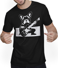 Produktbild von T-Shirt mit Mann Französischer Hund mit E-Gitarre Musiker Gitarrist