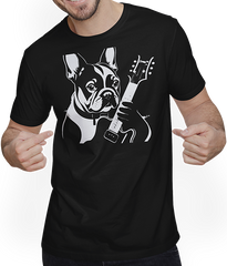 Produktbild von T-Shirt mit Mann Französischer Hund mit E-Gitarre Musiker Gitarrist