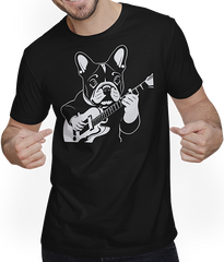 Produktbild von T-Shirt mit Mann Französischer Hund mit E-Gitarre Musiker Gitarrist