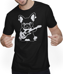 Produktbild von T-Shirt mit Mann Französischer Hund mit E-Gitarre Musiker Gitarrist