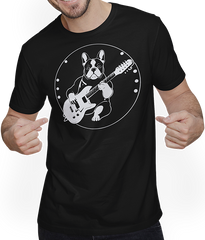 Produktbild von T-Shirt mit Mann Französischer Hund mit E-Gitarre Musiker Gitarrist