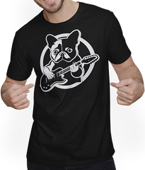 Produktbild von T-Shirt mit Mann Französischer Hund mit E-Gitarre Musiker Gitarrist