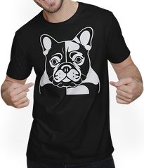Produktbild von T-Shirt mit Mann Französischer Hund mit E-Gitarre Musiker Gitarrist