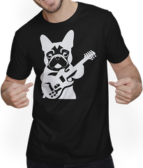 Produktbild von T-Shirt mit Mann Französischer Hund mit E-Gitarre Musiker Gitarrist