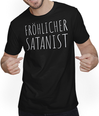 Produktbild von T-Shirt mit Mann Fröhlicher Satanist Schwarzer Humor frecher Spruch Satan