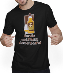 Produktbild von T-Shirt mit Mann Gerste und Malz Gott erhalt's Schottland Islay Scotch Whisky