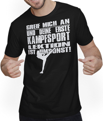 Produktbild von T-Shirt mit Mann Greif mich an und Deine erste Kampfsportlektion ist umsonst!
