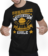 Produktbild von T-Shirt mit Mann Grill Meister Trinke Bier Esse Fleisch Verbrenne Kohle BBQ