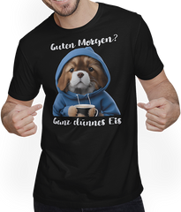 Produktbild von T-Shirt mit Mann Guten Morgen Ganz dünnes Eis Hunde Spruch Morgenmuffel