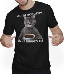 Produktbild von T-Shirt mit Mann Guten Morgen Ganz dünnes Eis Katzen Spruch Morgenmuffel