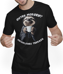 Produktbild von T-Shirt mit Mann Guten Morgen Gefährliches Terrain Freche Faultier Sprüche