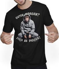 Produktbild von T-Shirt mit Mann Guten Morgen? Zisch ab Digger! Affe Kaffee Spruch Lustig