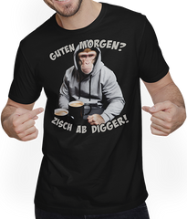 Produktbild von T-Shirt mit Mann Guten Morgen? Zisch ab Digger! Affe Kaffee Spruch Lustig
