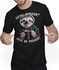 Produktbild von T-Shirt mit Mann Guten Morgen? Zisch ab Digger! Faultier Kaffee Spruch