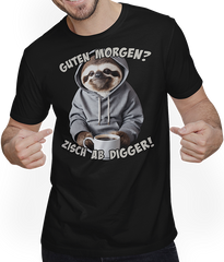 Produktbild von T-Shirt mit Mann Guten Morgen? Zisch ab Digger! Faultier Kaffee Spruch