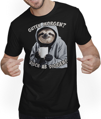 Produktbild von T-Shirt mit Mann Guten Morgen? Zisch ab Digger! Faultier Kaffee Spruch