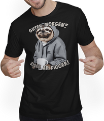 Produktbild von T-Shirt mit Mann Guten Morgen? Zisch ab Digger! Faultier Kaffee Spruch