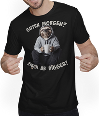 Produktbild von T-Shirt mit Mann Guten Morgen? Zisch ab Digger! Faultier Kaffee Spruch