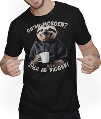 Produktbild von T-Shirt mit Mann Guten Morgen? Zisch ab Digger! Faultier Kaffee Spruch