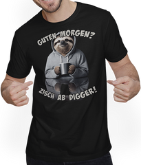 Produktbild von T-Shirt mit Mann Guten Morgen? Zisch ab Digger! Faultier Kaffee Spruch